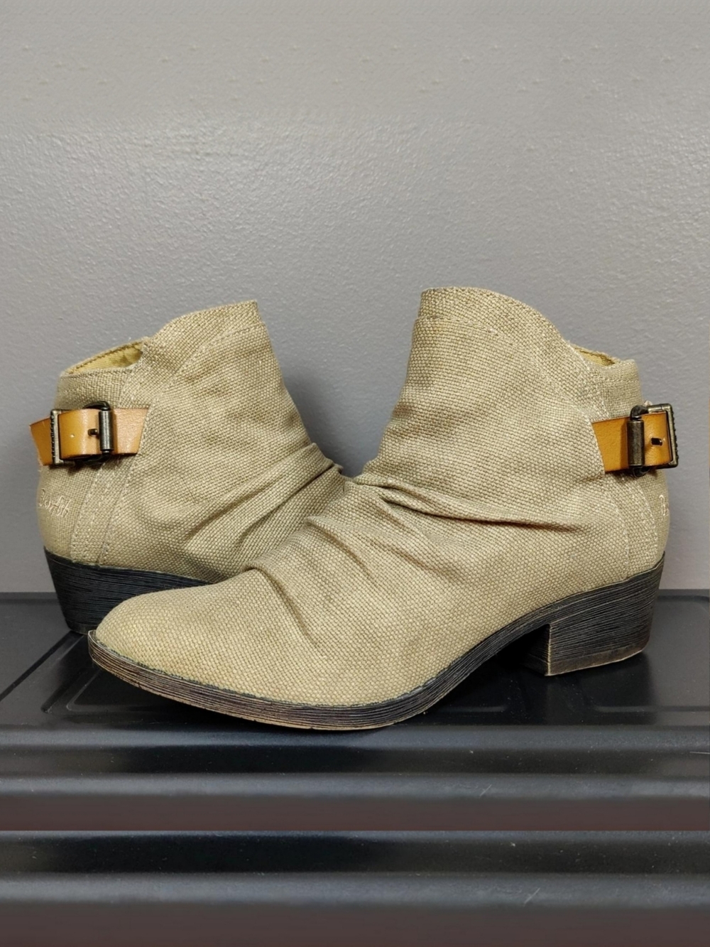 Blowfish Malibu Ankle Boots Stacked Block Heel Canvas Ankle Buckle Strap Zip